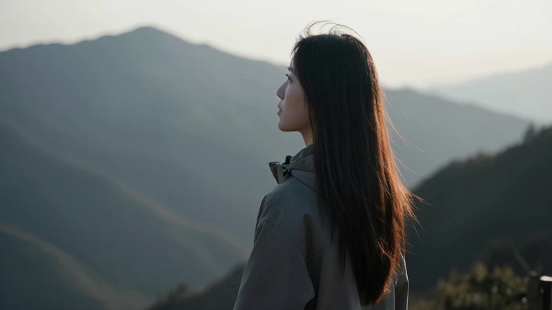 Joven mira montaña, estilo cinematográfico y dramático