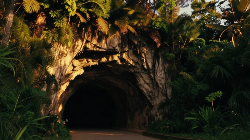 Entrada de cueva en paisaje mexicano, misteriosa y dorada