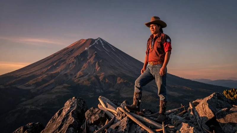 Guerrero contempla el atardecer en el volcán