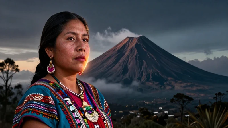 Mujer indígena frente al volcán Sangangüey