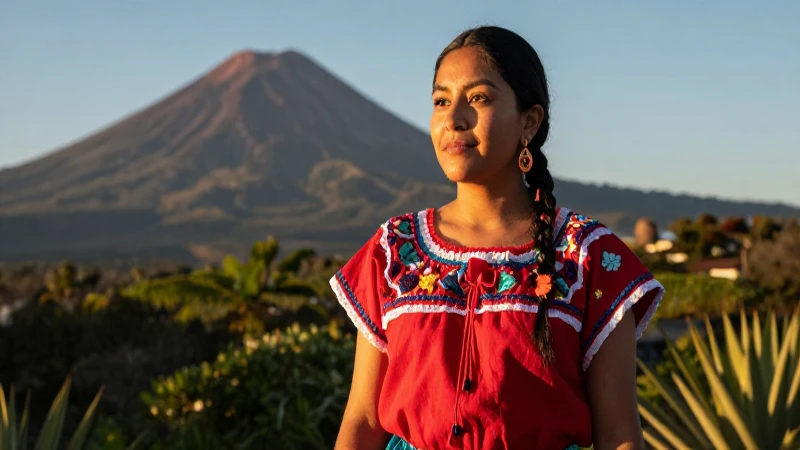 Mujer mexicana, radiante en paisaje volcánico