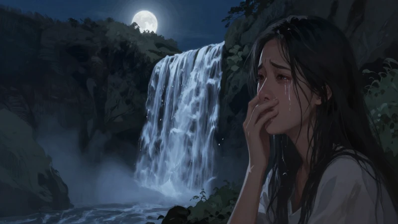 Ilustración de mujer llorando bajo la luna llena