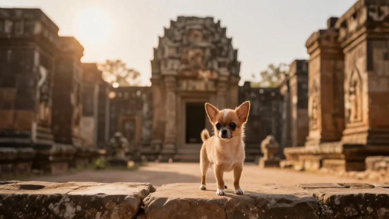 Cachorrito chihuahua en ruinas, luz cálida