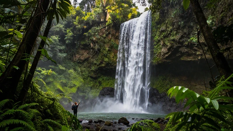 Selva exuberante, cascada, luz y vitalidad