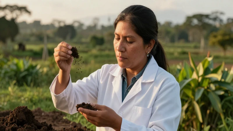 Científica mestiza estudia suelo al atardecer