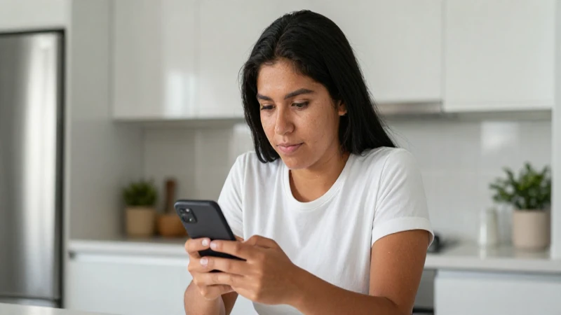 Mexicano mestizo revisa su teléfono en cocina