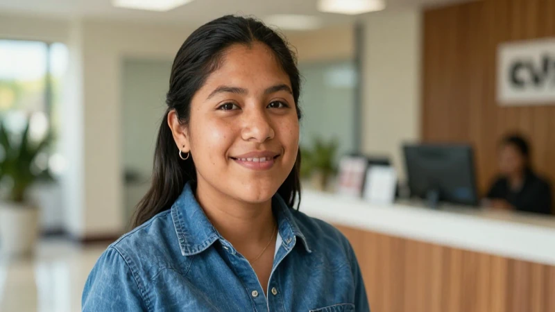 Sonríe, mestiza, en un moderno banco