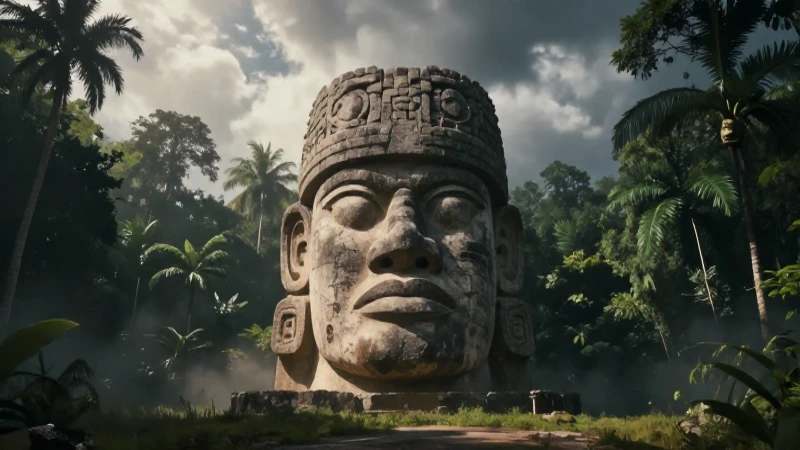 Cabeza olmeca, selva, luz dramática y neblina