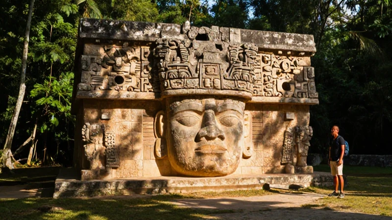 Cabeza Olmeca, ruinas, selva, luz dorada, exploración