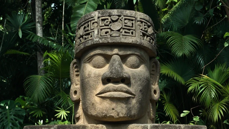 Cabeza Olmeca en selva, arte precolombino