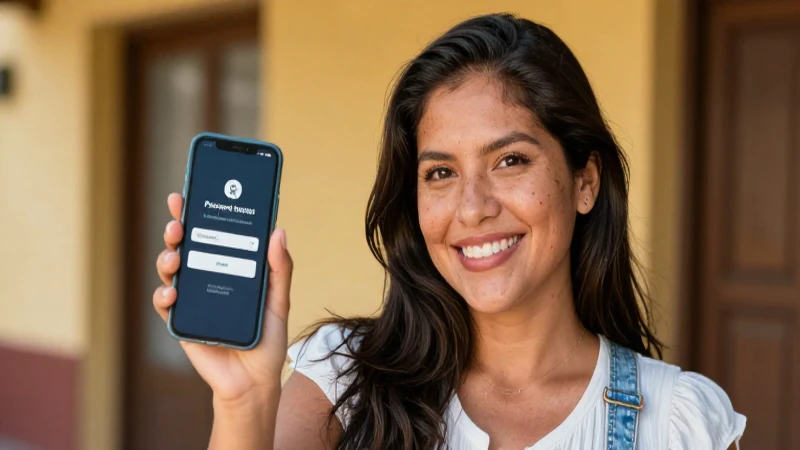 Mujer sonríe con móvil y luz cálida