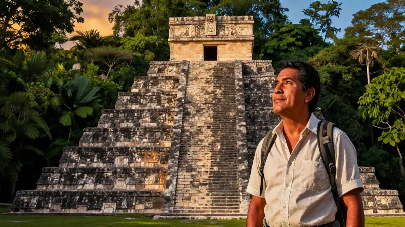 Pirámide maya a la luz dorada