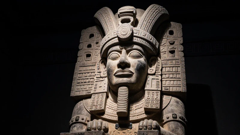 Guerrero azteca en Teotihuacán, luz dramática y detalle épico
