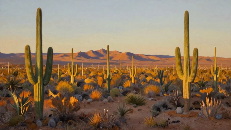 Descubre el Clima en Baja California Sur: Temperaturas Clave 3 Desierto cálido bajo luz dorada pintado realísticamente