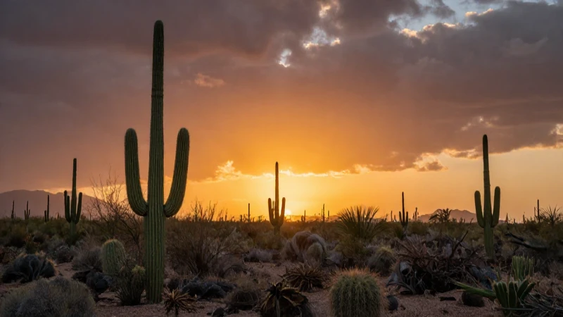Descubre el Clima en Baja California Sur: Temperaturas Clave 4 Paisaje desértico, cactus y atardecer dramático