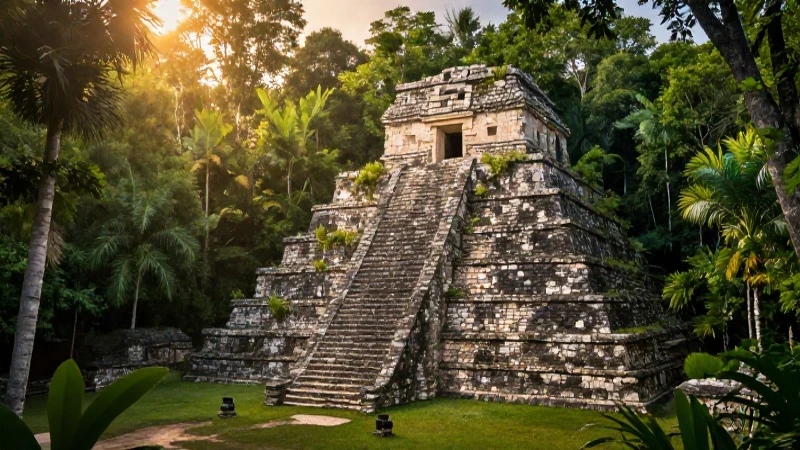 Selva exuberante y ruinas mayas con luz dorada