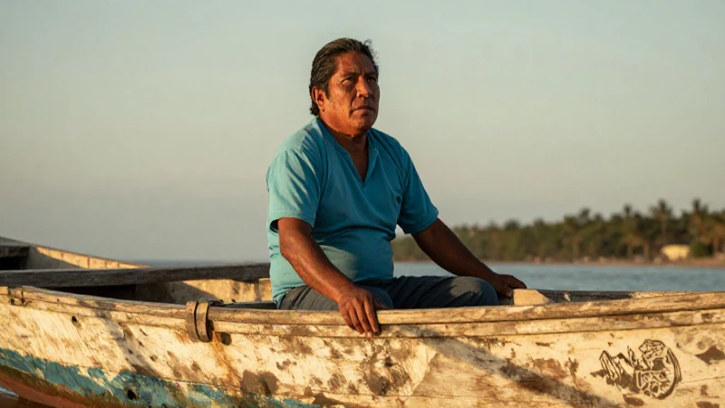 Pescador maya en bote, cálida luz dorada