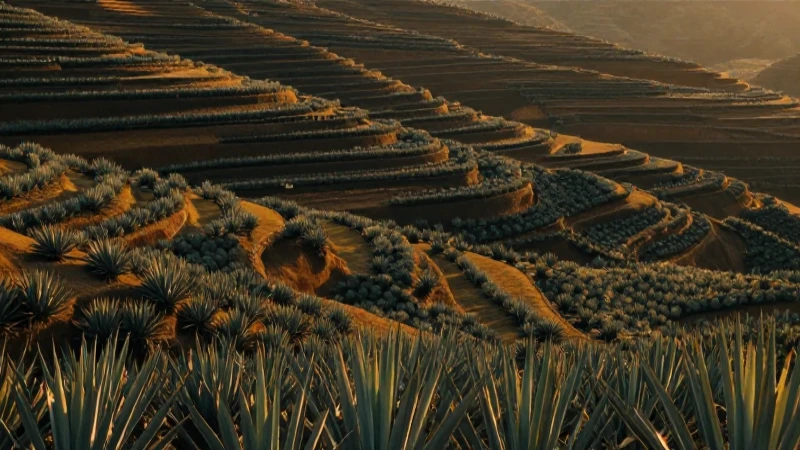 Clima de Guanajuato: Variedades que Te Sorprenderán 3 Paisaje escalonado, agaves, luz dorada cinematográfica