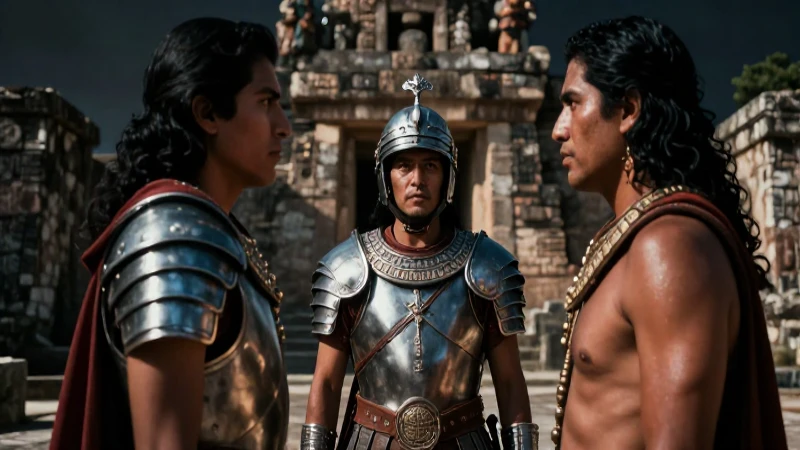 Guerrero azteca y conquistador en lucha dramática