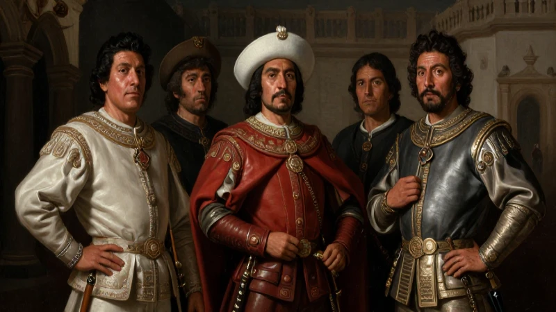 Pintura colonial dramática de figuras hispanas y mestizas