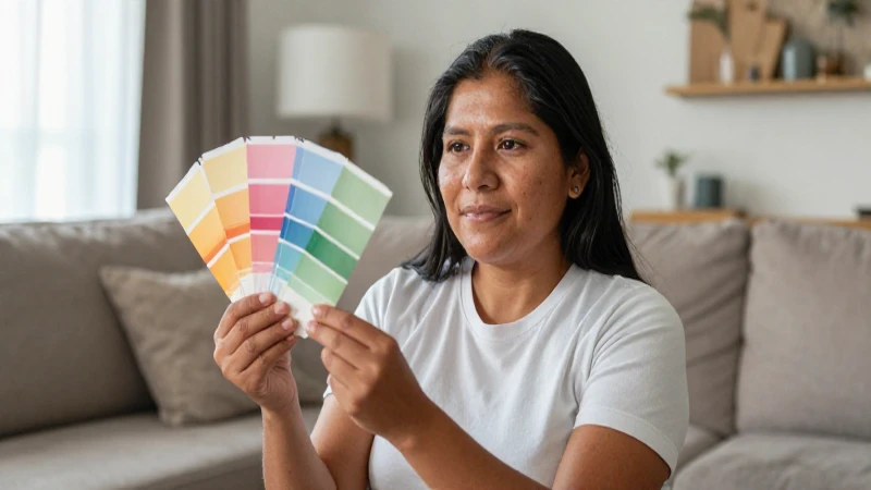 Persona mestiza en sala iluminada elige colores