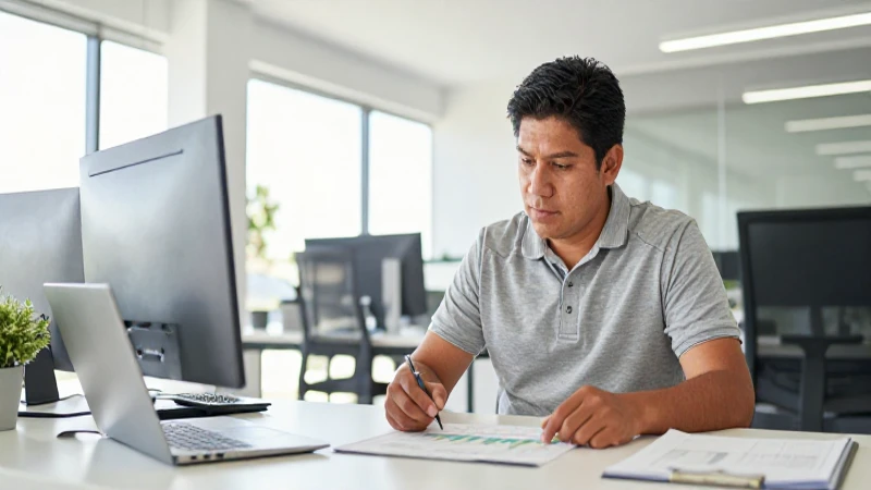 Hombre mestizo analiza datos en oficina moderna