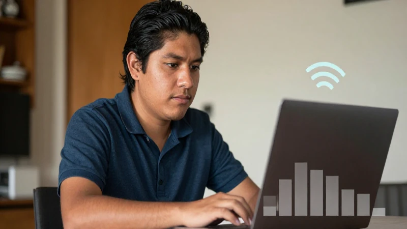 Mexicano mestizo usa laptop con wifi