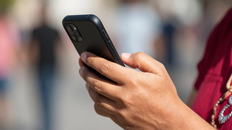 Mano mestiza sostiene un teléfono celular