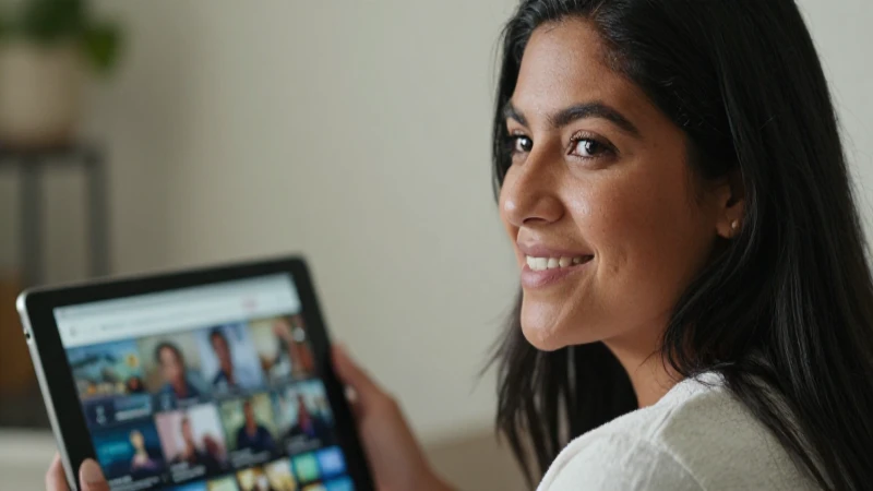 Mujer mestiza sonriendo, ve una transmisión