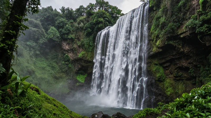 Selva exuberante, cascada realista y muy angulosa