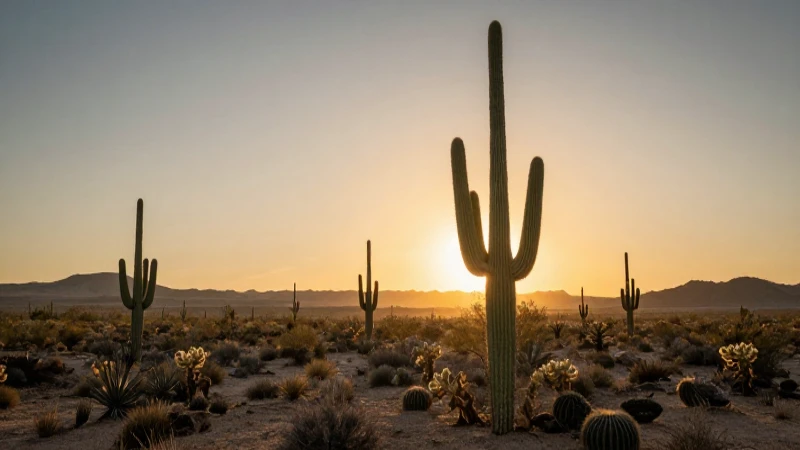 Paisaje desértico con cactus al atardecer, cinematográfico
