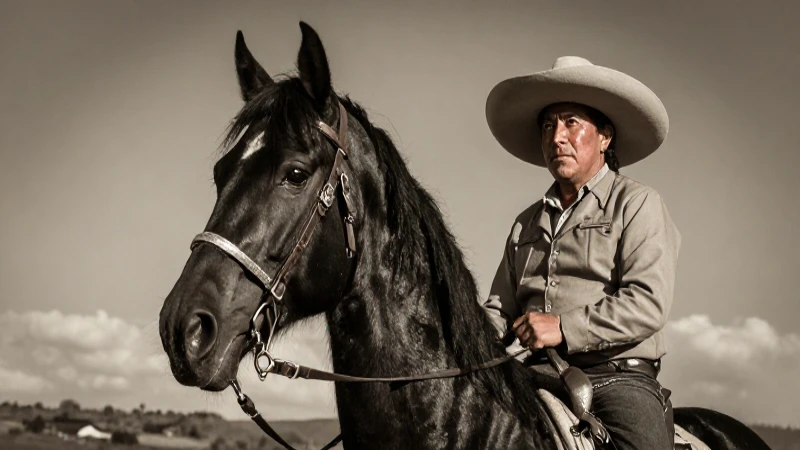 Leyenda EL SOMBRERÓN: Descubre su MISTERIO y MAGIA 4 Caballo negro, sombrero, y paisaje sepia mexicano