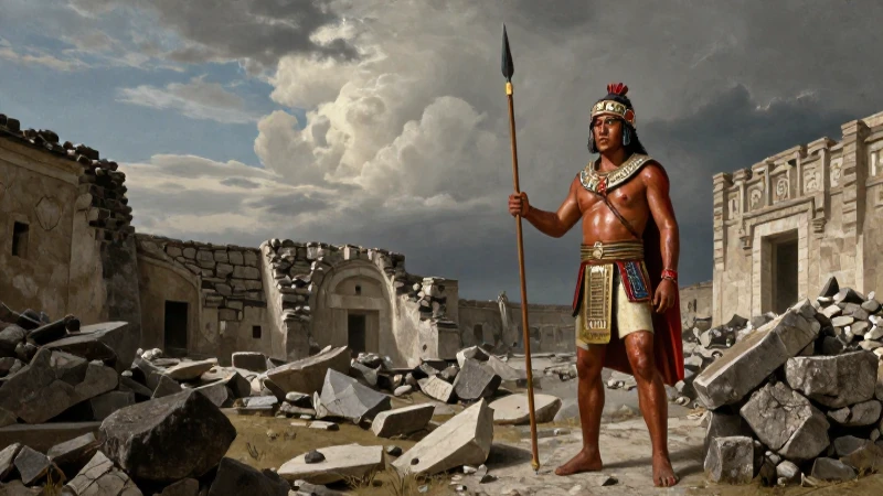 Caída de TENOCHTITLAN: Descubre su LEGADO y CONSECUENCIAS 6 Ruinas aztecas, guerrero mestizo bajo cielo nublado