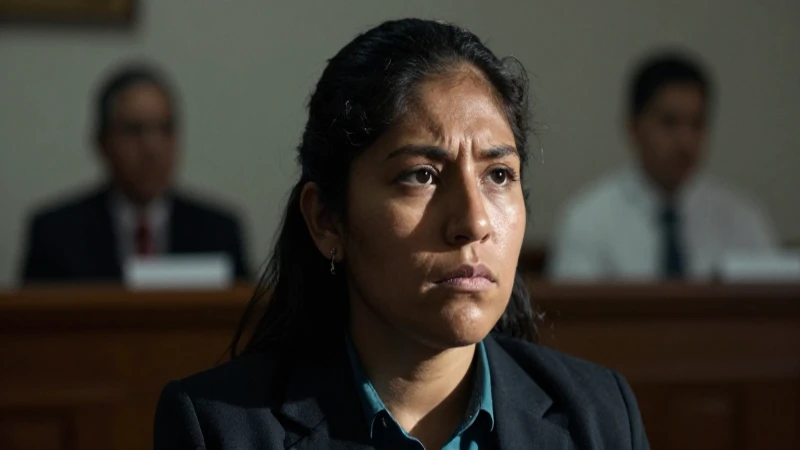 Mujer mestiza, expresión preocupada frente a un tribunal