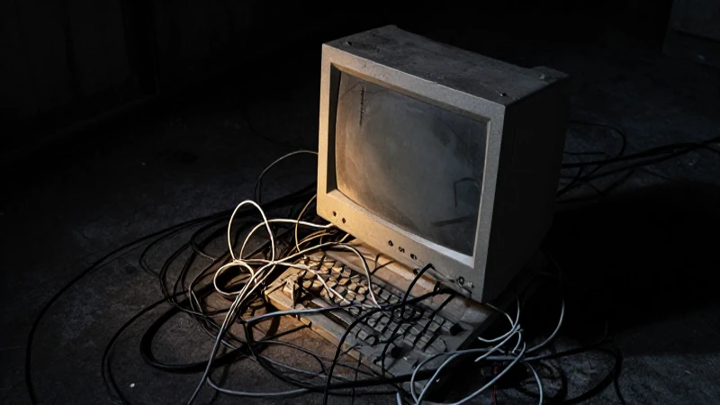 Ordenador abandonado, cables enmarañados, atmósfera oscura