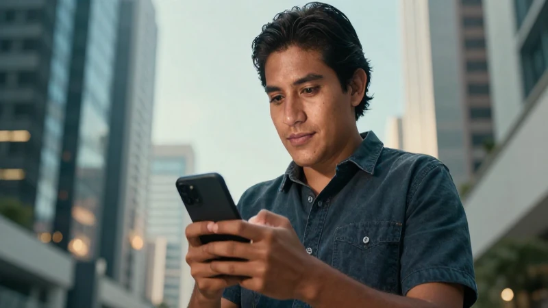 Mexicano mestizo con móvil en ciudad futurista