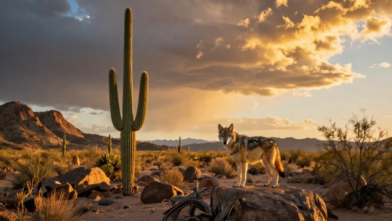 Climas Únicos de Querétaro: ¡Descubre lo que Sorprende! 3 Desierto mexicano con lobo, cactus y luz dorada