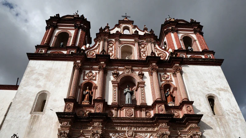 Iglesia colonial barroca, luz dramática y mestizos orando