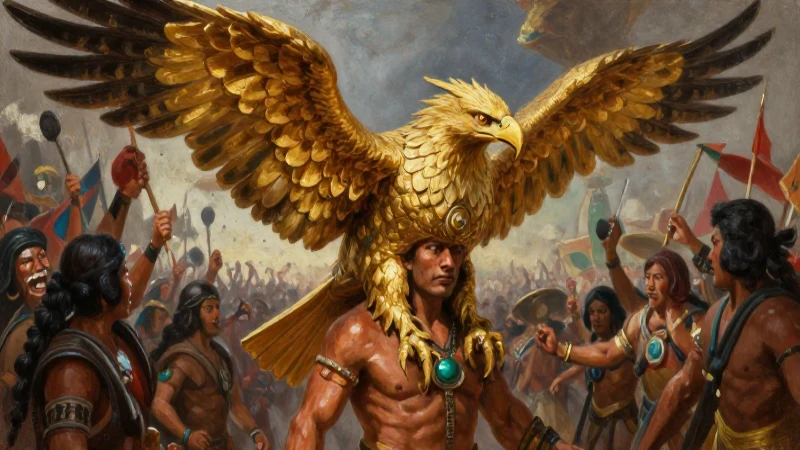 Conquistadores de México: Claves y Personajes Inolvidables 6 Guerrero azteca en una batalla épica pintada al óleo
