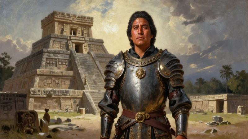 Conquistadores de México: Claves y Personajes Inolvidables 7 Conquistador mestizo emerge de ruinas aztecas