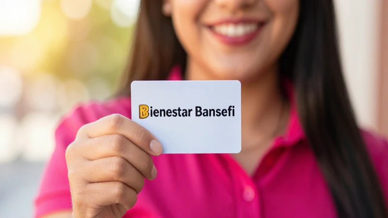 Mujer mexicana con tarjeta Bansefi, luz cálida