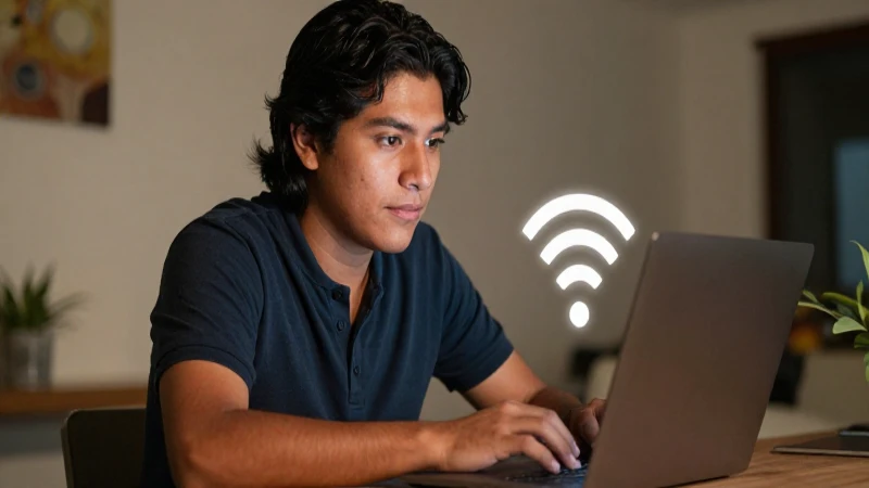 Cómo evaluar cobertura y opiniones de Izzi Internet 3 Persona mestiza mexicana usando tecnología a la luz cálida