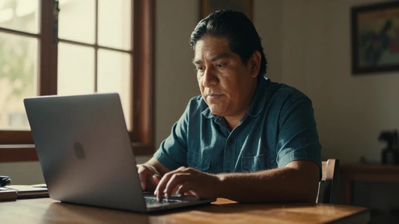 Una joven mestiza, luz cálida, laptop