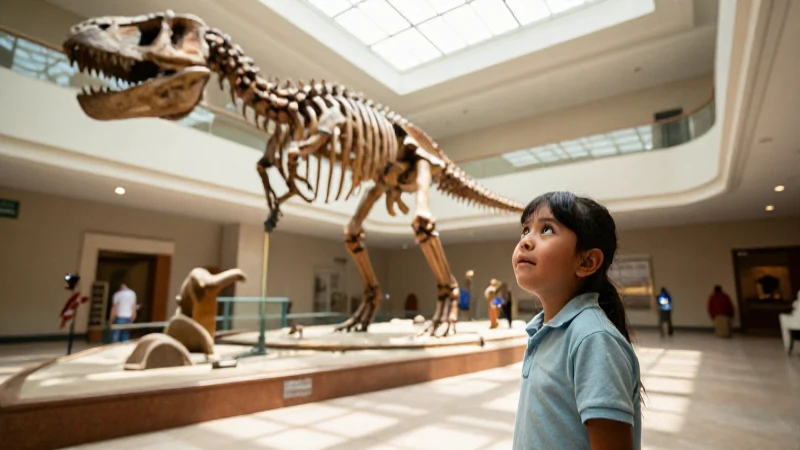 Niño Mestizo admira un esqueleto de dinosaurio