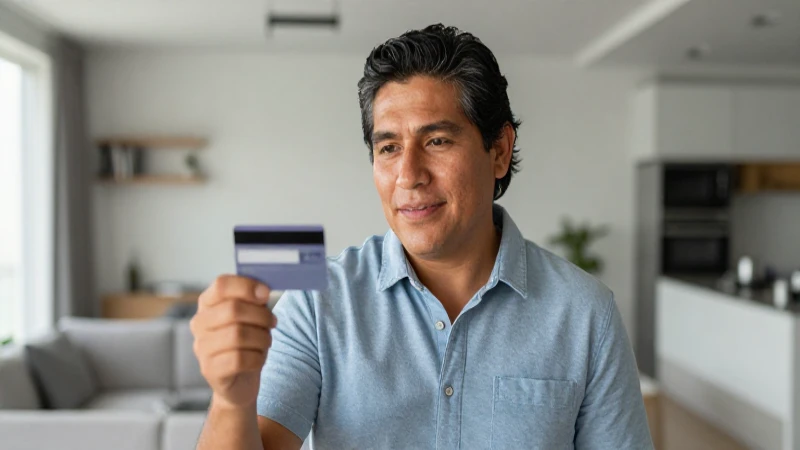 Mexicano mestizo con tarjeta en hogar moderno