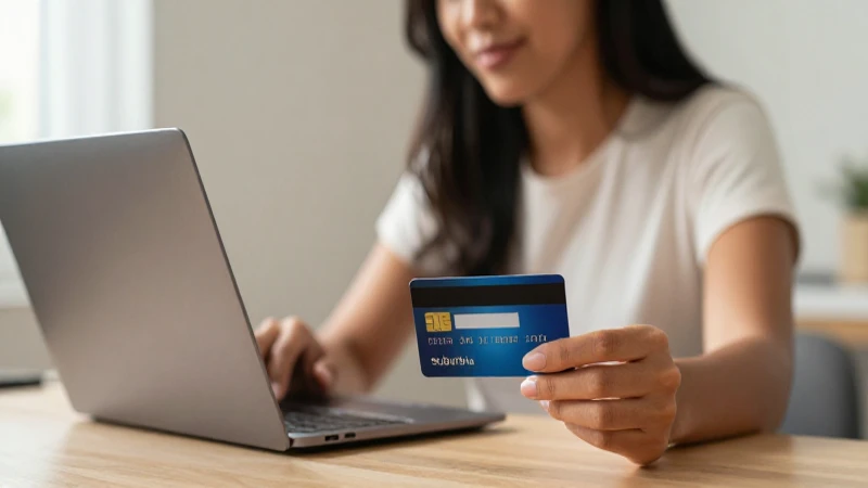 Cómo solicitar la tarjeta Suburbia de manera online 3 Mujer usa laptop, tarjeta y ambiente cálido