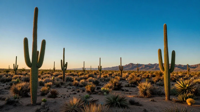 Clima en Aguascalientes: Temperaturas y Datos Sorprendentes 3 Paisaje desértico, cielo azul y luz dorada