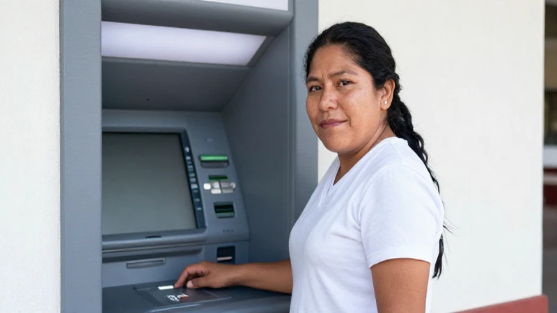 Mujer mestiza sonríe frente a un cajero