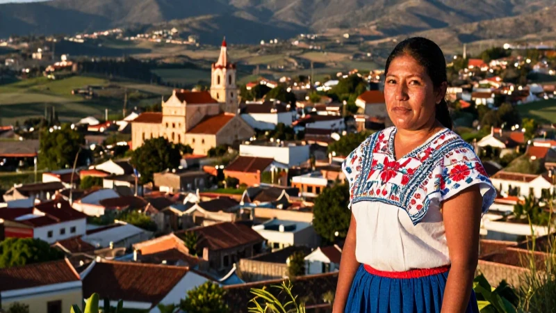 Pueblo mexicano al atardecer, colores radiantes