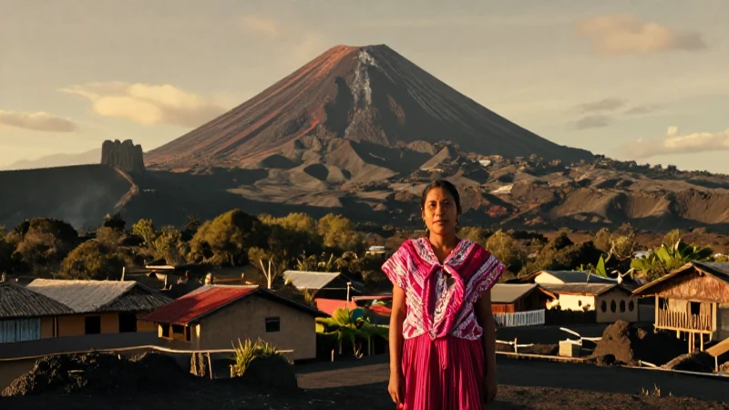 Pueblo mexicano, paisaje volcánico, luz dorada